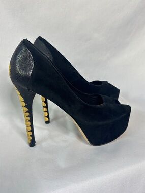 Brian Atwood suede‎ platform stiletto heels with black and gold statement detail